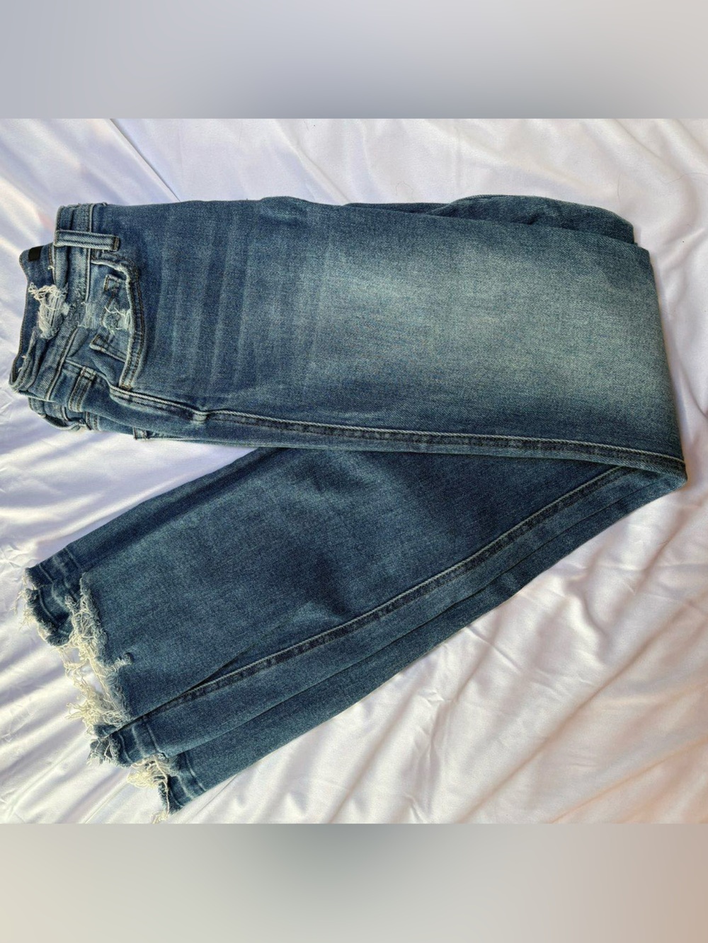 Flying Monkey Dark Medium Blue Bootcut Jeans with Frayed Hem